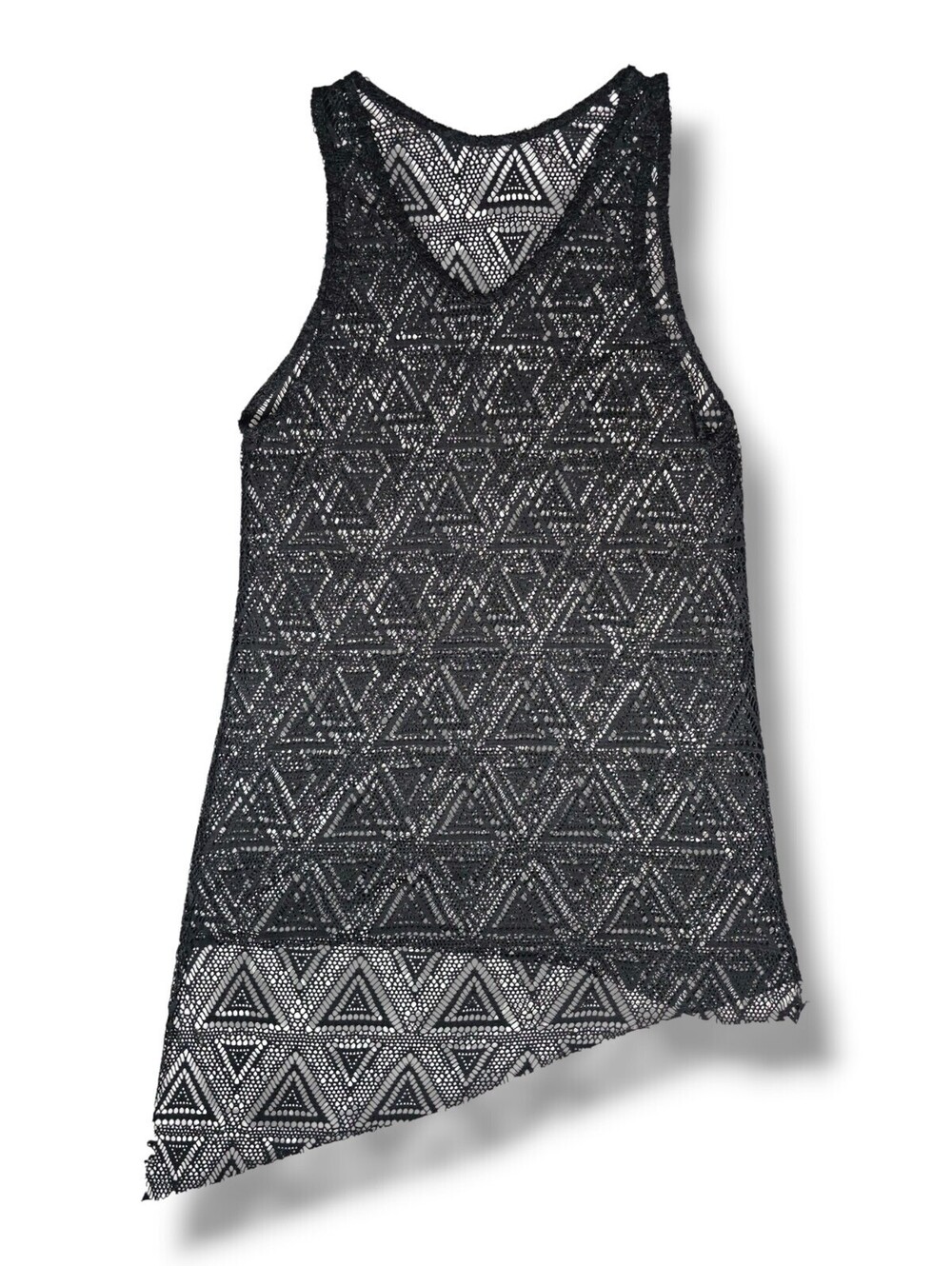 Black Geometric Asymmetrical Mesh Tank Top Sheer Boho Festival Beach Cover S/M